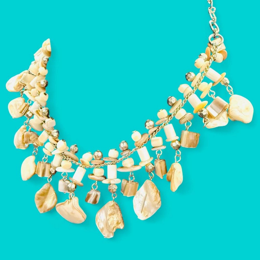 Real Shell Beaded Statement Necklace Silver Tone